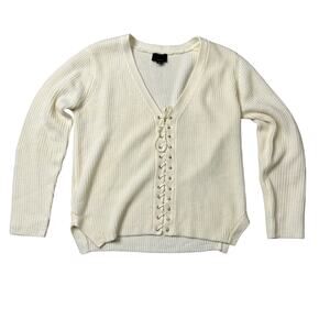 Lumiere Cream Chunky Cable Knit V-Neck Lace Up Sweater Size Medium